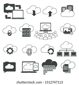 Cloud Storage Isolated Outline Icons, Data Synchronization, Transfer And Access Vector. Upload And Download Link, Digital Service And Online Technology. Internet Space, Wireless Connection And Privacy