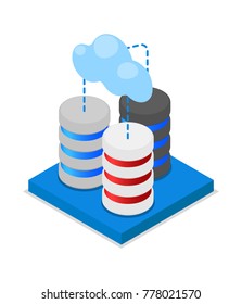Cloud storage isometric 3D icon. Network cloud service, global data safety, datacenter system, online data backup vector illustration.