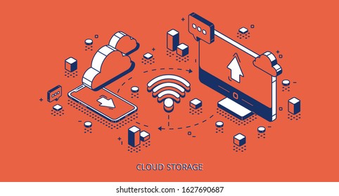 Cloud Storage Isometric Banner. Computer And Smartphone Connected With Cloudy System Server Via Wifi, Internet Service For Smart Gadgets, Digital Technology Background 3d Vector Line Art Illustration