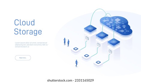 Cloud storage isometric. Computer service technology. Network infrastructure. Data server platform. Online devices upload, download information. Data in database on cloud services. 3d illustration