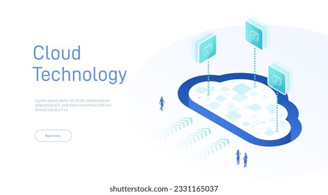 Cloud storage isometric. Computer service technology. Network infrastructure. Data server platform. Online devices upload, download information. Data in database on cloud services. 3d illustration