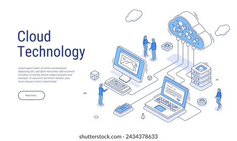 Cloud storage isometric. Computer service technology. Network infrastructure. Data server platform. Online devices upload, download information. Data in database on cloud services. 3d illustration