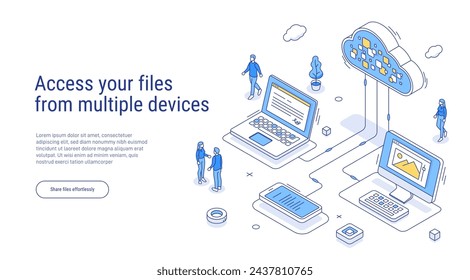 Cloud storage isometric. Computer service technology. Network infrastructure. Data server platform. Online devices upload, download information. Access your files from multiple devices