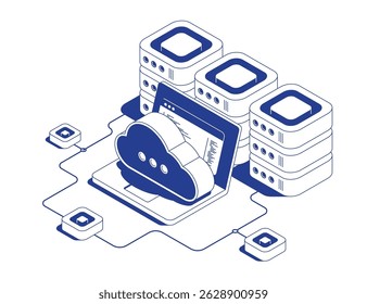 Cloud storage isometric concept with floating cloud service icon above laptop and server racks showing online computing technology in line contour vector illustration.