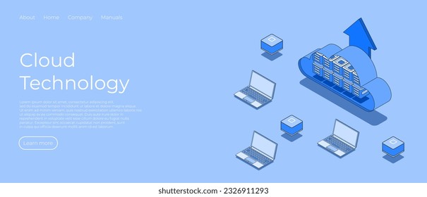 Cloud storage isometric. Data storage with server and lap top. Vector illustration