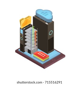 Cloud storage isometric design with video files and folder, server racks on mobile device screen vector illustration