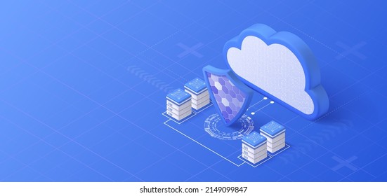 Cloud storage isometric illustration. Data server platform. Computer service technology. Network infrastructure.