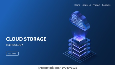 Cloud storage isometric illustration. Glowing data server platform. Blue neon secure platform. Computer service technology. Network infrastructure.