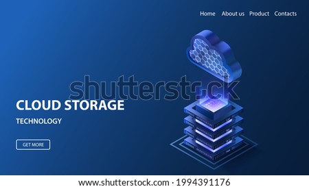 Cloud storage isometric illustration. Glowing data server platform. Blue neon secure platform. Computer service technology. Network infrastructure.