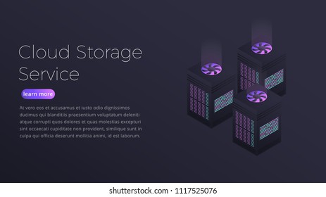 Cloud storage. Isometric illustration of web hosting futuristic servers. Cloud storage service landing page design