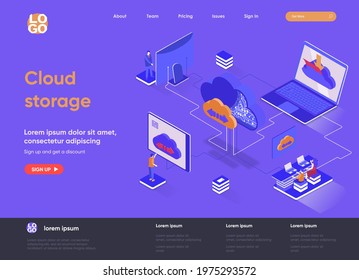 Cloud storage isometric landing page. Internet hosting provider, data storage service isometry concept. Secure cloud storage, database system flat web page. Vector illustration with people characters.