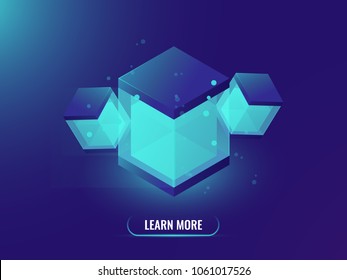 Cloud storage isometric vector concept, abstract neon object, technology background, database concept, shining cube box