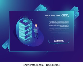 Cloud storage isometric vector concept, data center and database, server room rack, system administrator stay near server ultraviolet neon illustration Cloud storage isometric vector concept, data center and database, server room rack, system administrator stay near server ultraviolet neon illustration
