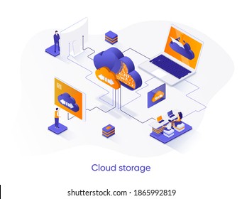 Cloud storage isometric web banner. Secure cloud storage, database system isometry concept. Internet hosting provider 3d scene, data center flat design. Vector illustration with people characters.