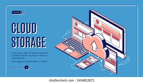 Cloud Storage Landing Page On Retro Colored Background, Computer, Laptop, Tablet, Smartphone Connected With Cloudy System Server, Internet Service For Smart Gadgets Isometric 3d Vector Line Art Banner