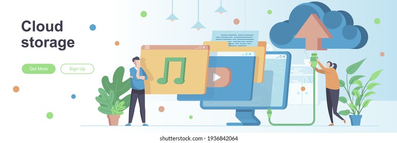Página de inicio de almacenamiento en la nube con caracteres de personas. Proveedor de hospedaje, banner web de base de datos en la nube. Ilustración vectorial del servicio de almacenamiento de datos. Concepto plano ideal para materiales promocionales de medios sociales.