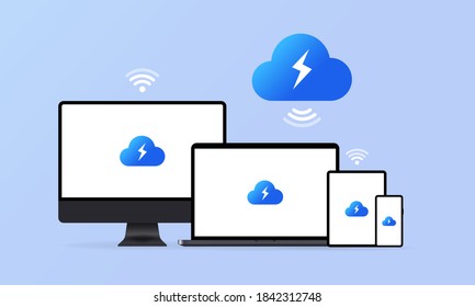 Cloud storage landing page. Synchronization clouds storages app and devices host. System software update, data update or synchronize with progress bar on the screen. Vector EPS 10.