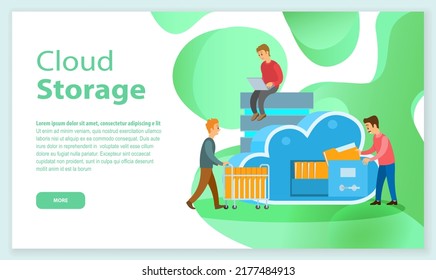 Cloud storage landing page template flat vector business technology storage and cloud server service concept with administrator and developer team working concept. Servers and datacenter connection