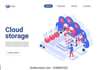 Cloud storage landing page vector template. Wireless technology website homepage interface layout with isometric illustration. Remote data access, file management system web banner 3D concept