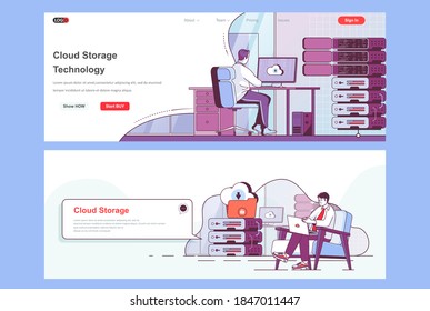 Cloud storage landing pages set. Hosting provider, cloud storage management corporate website. Flat line vector illustration with people characters. Web concept use as header, footer or middle content