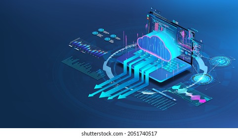 Cloud storage with laptop in isometric. Data center with data exchange for hosting or cloud service. App or Network with computing technologies. Saas, Networks, Softs, Programs. Vector banner