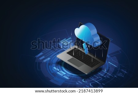Cloud storage with laptop in isometric. Data center with data exchange for hosting or cloud service. App or Network with computing technologies. Saas, Networks, Softs, Programs. Vector banner 