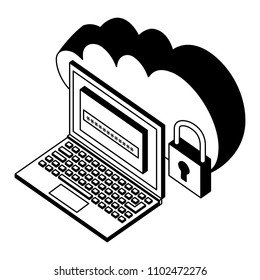 cloud storage laptop password and padlock security isometric