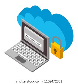 cloud storage laptop password and padlock security isometric