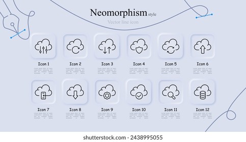 Conjunto de iconos de línea de almacenamiento en nube. Smartphone, configuración, marca de verificación, guardar, información, sincronización, archivos, datos. Estilo neomorfista. Icono de línea vectorial para negocios