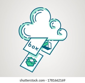 Cloud storage logo. File repository icon. Hosting service banner. Synchronize documents. Hand drawn design. Vector illustration. 