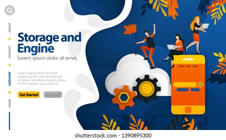 Cloud storage and machines in storage, securing the storage process vector illustration concept can be use for, landing page, template, ui ux, web, mobile app, poster, banner, website, flyer, ads