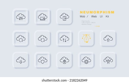 Cloud storage management set icon. Settings, website buttons, backup, phone, laptop, arrows, upload, download, shield, lock, gear, neural network. Information concept. Neomorphism. Vector line icon.