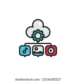 Cloud storage with media symbol filled outline icons. Vector illustration. Isolated icon suitable for web, infographics, interface and apps.