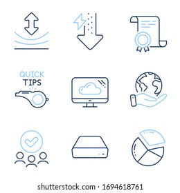 Cloud storage, Mini pc and Pie chart line icons set. Diploma certificate, save planet, group of people. Resilience, Tutorials and Energy drops signs. Computer, Presentation graph, Elastic. Vector