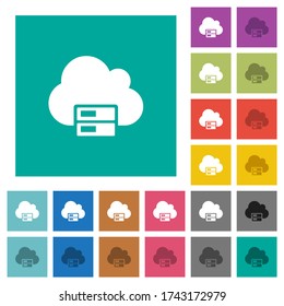 Cloud storage multi colored flat icons on plain square backgrounds. Included white and darker icon variations for hover or active effects.