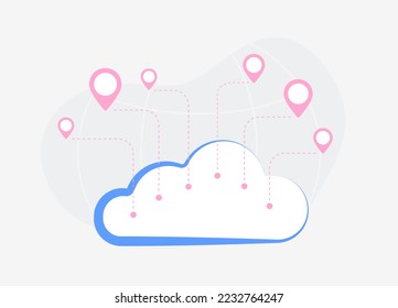 El concepto de almacenamiento en la nube con múltiples ubicaciones. Conéctese al almacenamiento corporativo desde diferentes ubicaciones. Almacenamiento en la nube privado, público o comunitario con ilustraciones vectoriales de pines rojos