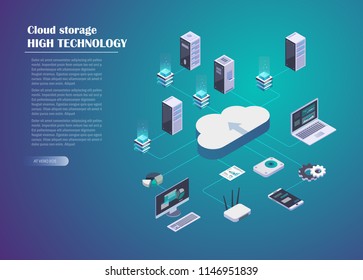 Cloud Storage and Network connection. Smart technology Isometric Concept. Data server, computer, laptop, Mobile Phone and other devices for storage and data transmission. Vector illustration.