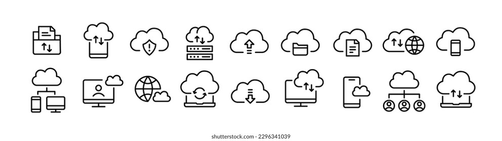 Red de almacenamiento en la nube. Backup y uso compartido de datos seguros. Juego de iconos de diseño de línea de trazo para píxeles perfectos y editables