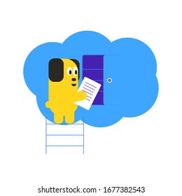 Cloud storage. Network service. Modern flat vector illustration. Dog puts a document in the cloud