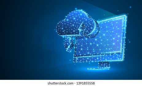 Cloud Storage on computer monitor. Access, business data, internet server concept. Abstract, digital, wireframe, low poly mesh, polygonal vector blue neon 3d illustration. Triangle, line, dot