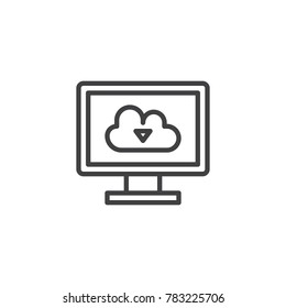 Cloud storage on computer screen line icon, outline vector sign, linear style pictogram isolated on white. Monitor screen with download cloud symbol, logo illustration. Editable stroke
