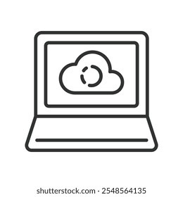 Almacenamiento en la nube en la computadora portátil, icono en diseño de línea. Nube, almacenamiento, portátil, en línea, copia de seguridad, datos, sincronización en el Vector de fondo blanco. Almacenamiento en la nube en el icono de trazo editable portátil