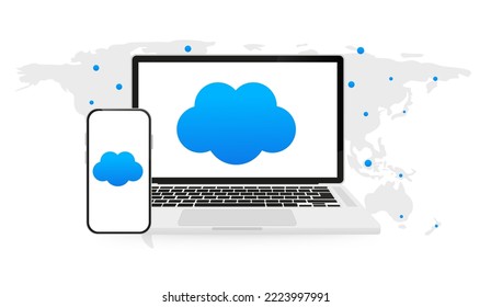 Cloud storage on a laptop and phone security center, cloud, with location map. Vector illustration