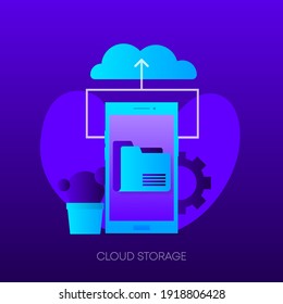 Almacenamiento en la nube en la pantalla del teléfono en color de gradiente oscuro. Ilustración vectorial.