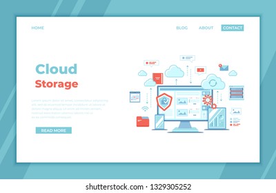 Cloud Storage. Online cloud computing, network hosting, services. Computer, phone, tablet, server, personal information, clouds.  landing page template or web banner, infographics. Vector