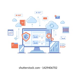 Cloud Storage. Online cloud computing, network hosting, services. Computer, phone, tablet, server, personal information, clouds. landing page template or web banner, infographics. Vector illustration