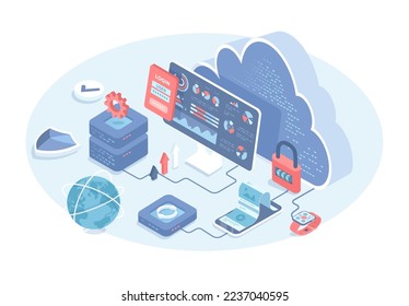 Cloud storage. Online hosting database technology. Cloud computing. Data center, file management, security service. Vector illustration in 3d design. Isometric web banner.	
