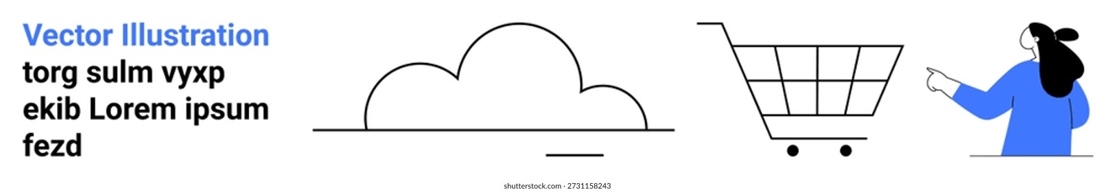 Cloud storage, online shopping, user interaction, e-commerce, customer service, digital platforms. A cloud, shopping cart and person pointing. Online shopping and e-commerce concept