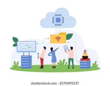 Cloud storage organization, data management service. Tiny people upload folder with documents, backup file or portfolio from computer to server, connect phone to cloud cartoon vector illustration