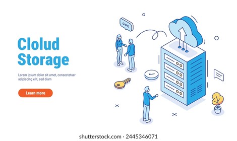 Cloud storage outline concept. Booting or using cloud servers, remote access computers. Business processes. Flat isometric vector illustration isolated on white background.